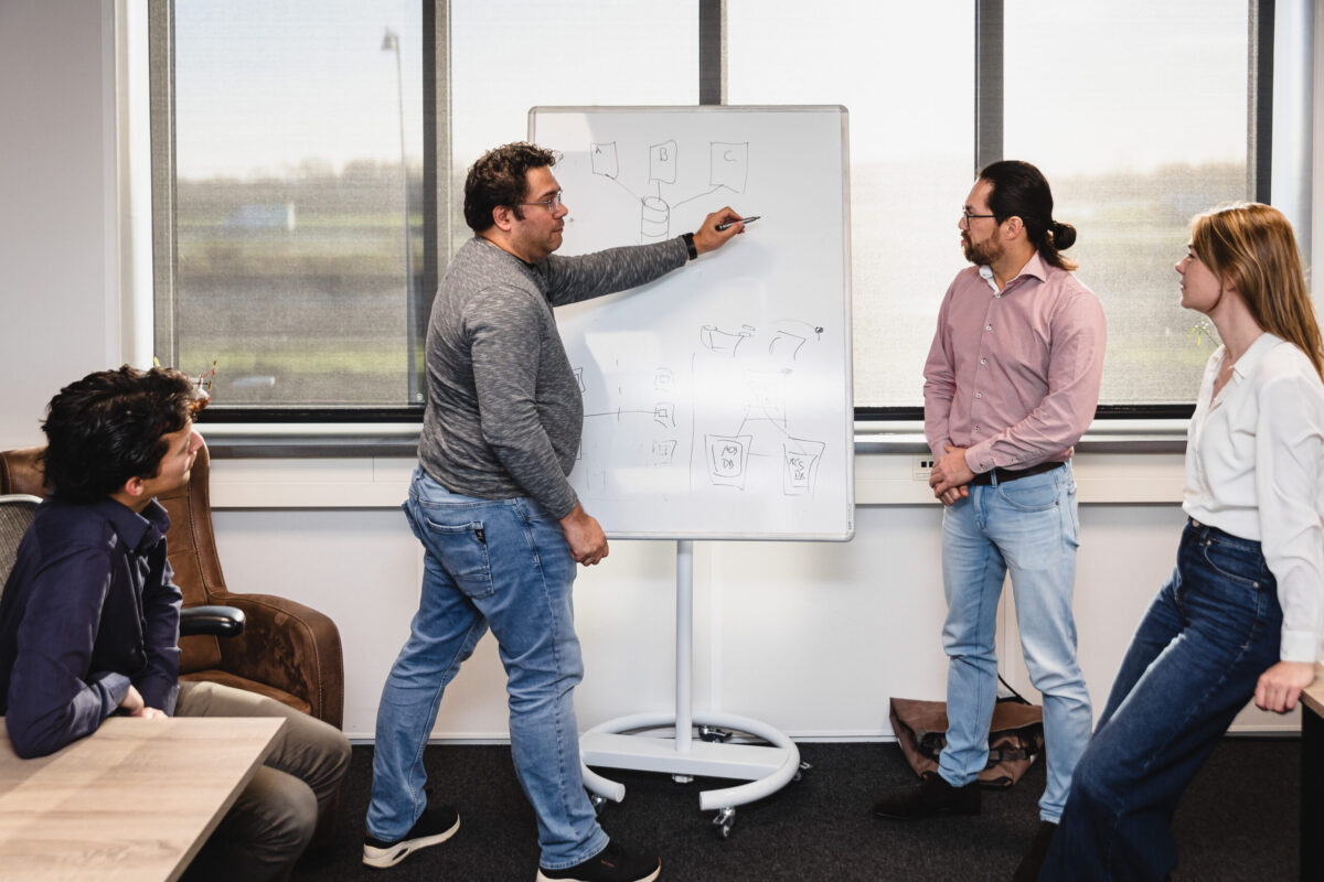 For people around a whiteboard. One person is writing on the board.