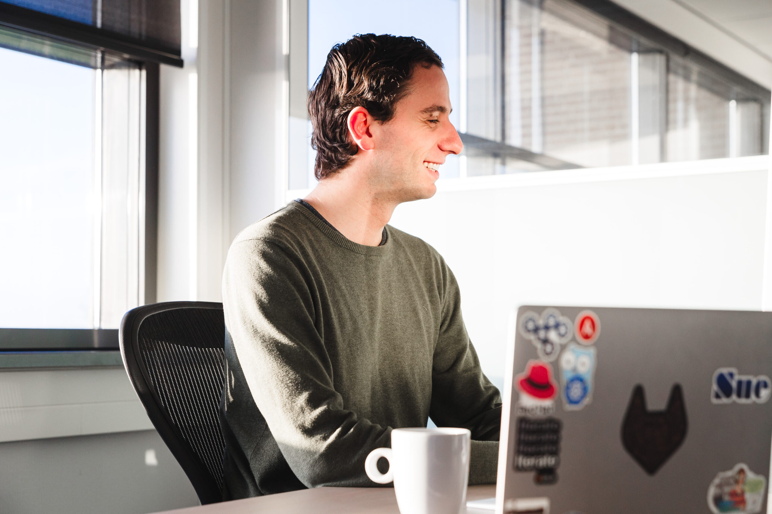 Person sitting behind a laptop, working.
