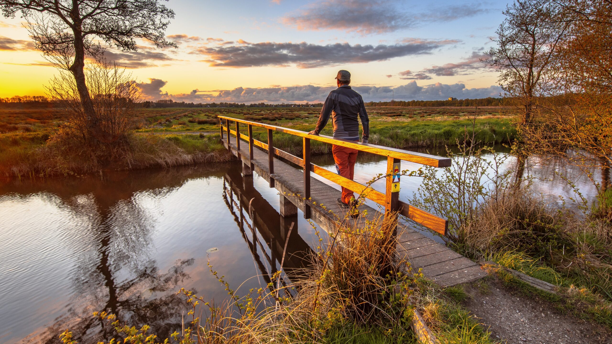 Walker crossing a bridge over a river in the Netherlands