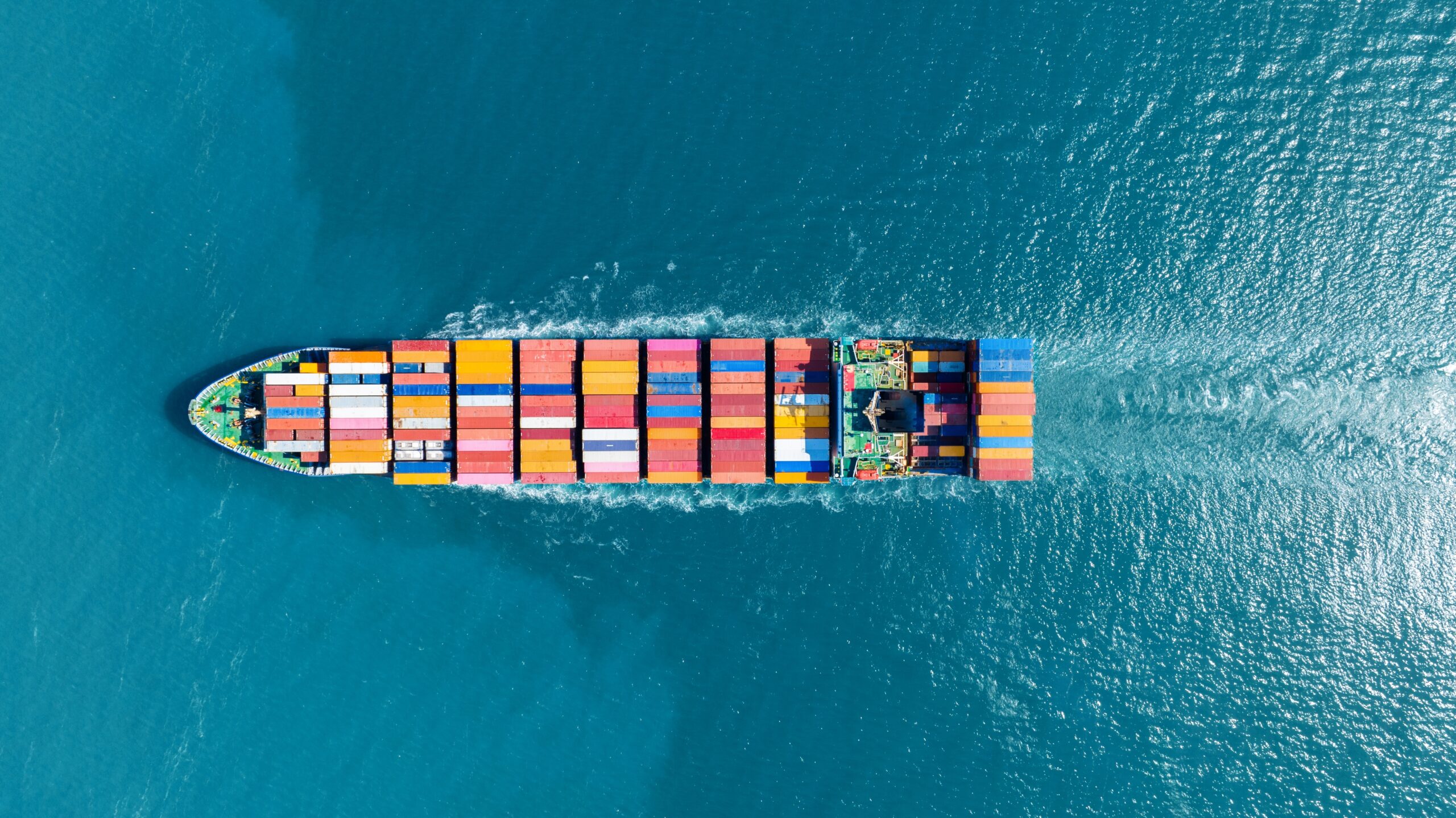 Container ship seen from above navigating open water, representing resilient infrastructure and global operations